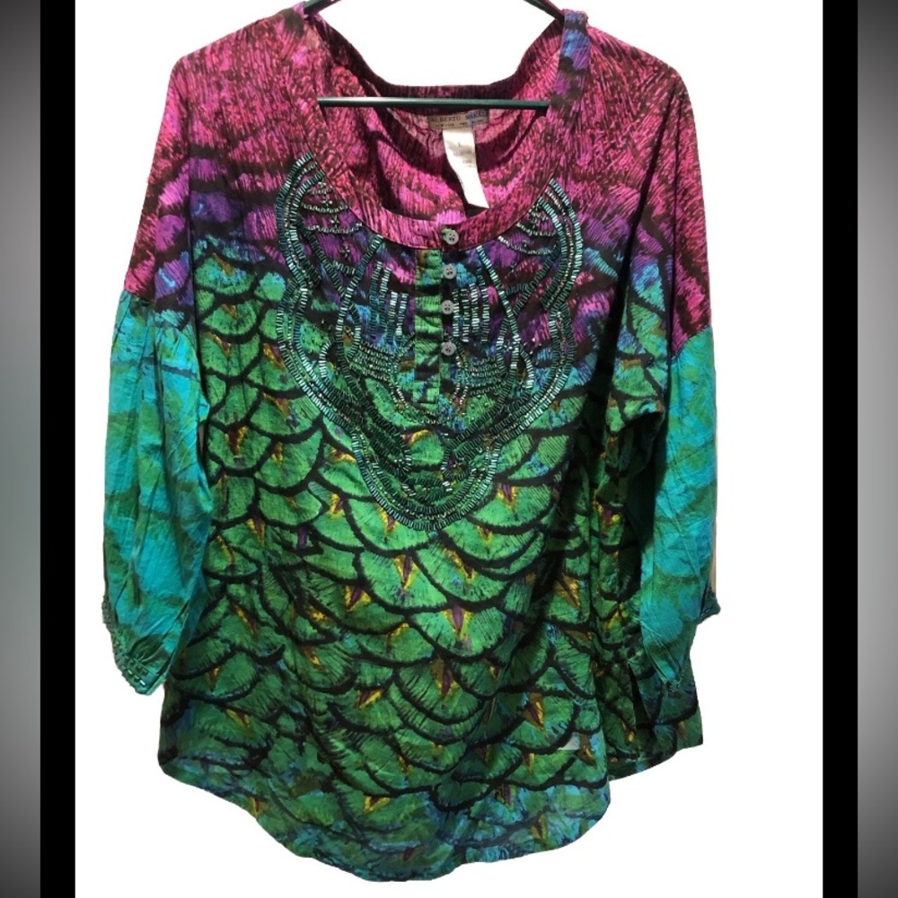 Vtg Y2K Alberto Makali Mermaid Top Sequin Bodice Light Cotton MED Emerald Purple